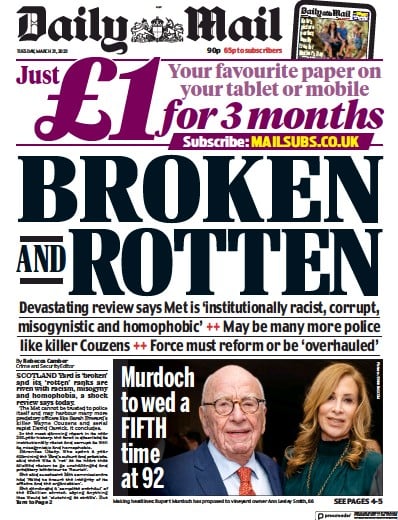 Daily Mail Newspaper Front Page (UK) for 21 March 2023