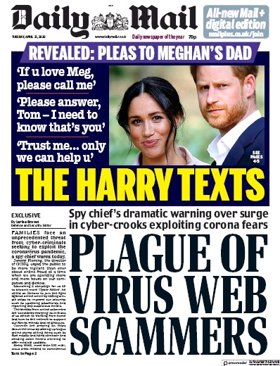 Daily Mail Newspaper Front Page (UK) for 21 April 2020