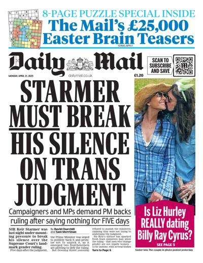 Daily Mail Newspaper Front Page (UK) for 21 April 2025
