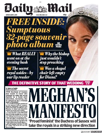 Daily Mail Newspaper Front Page (UK) for 21 May 2018