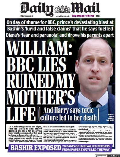 Daily Mail Newspaper Front Page (UK) for 21 May 2021