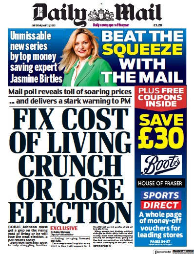 Daily Mail Newspaper Front Page (UK) for 21 May 2022