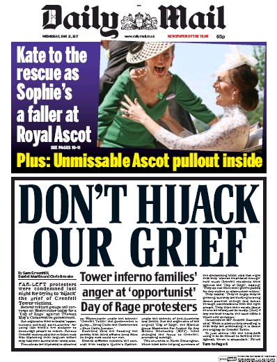 Daily Mail Newspaper Front Page (UK) for 21 June 2017