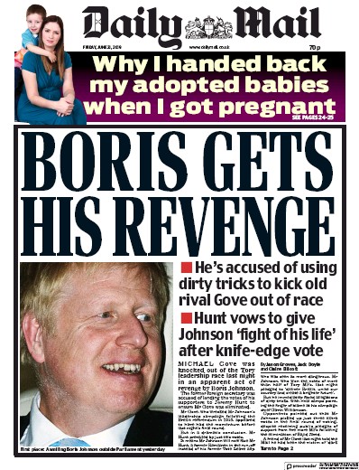 Daily Mail Newspaper Front Page (UK) for 21 June 2019