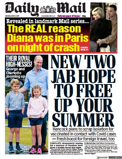 Daily Mail Newspaper Front Page (UK) for 21 June 2021