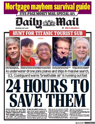 Daily Mail Newspaper Front Page (UK) for 21 June 2023