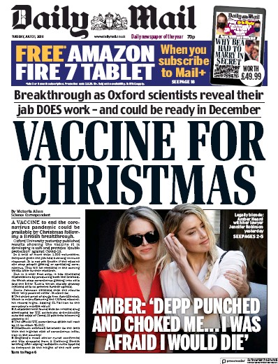 Daily Mail Newspaper Front Page (UK) for 21 July 2020
