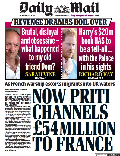 Daily Mail Newspaper Front Page (UK) for 21 July 2021