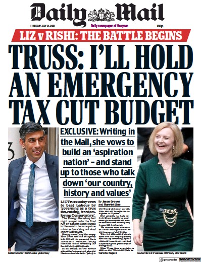 Daily Mail Newspaper Front Page (UK) for 21 July 2022
