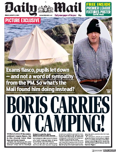 Daily Mail Newspaper Front Page (UK) for 21 August 2020