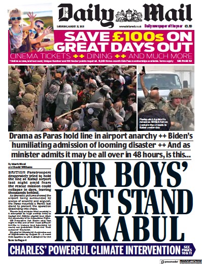 Daily Mail Newspaper Front Page (UK) for 21 August 2021