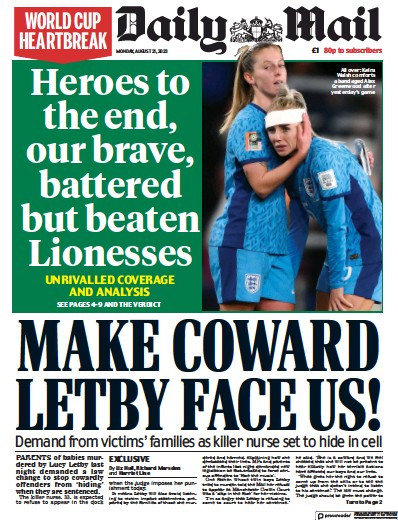 Daily Mail Newspaper Front Page (UK) for 21 August 2023