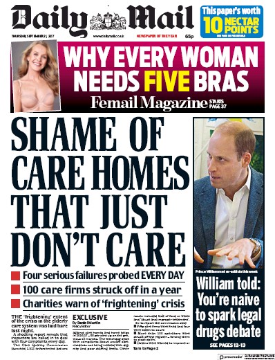 Daily Mail Newspaper Front Page (UK) for 21 September 2017