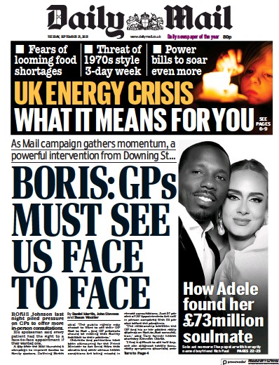 Daily Mail Newspaper Front Page (UK) for 21 September 2021