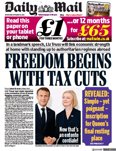 Daily Mail Newspaper Front Page (UK) for 21 September 2022