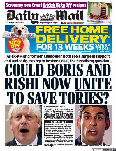 Daily Mail Newspaper Front Page (UK) for 22 October 2022