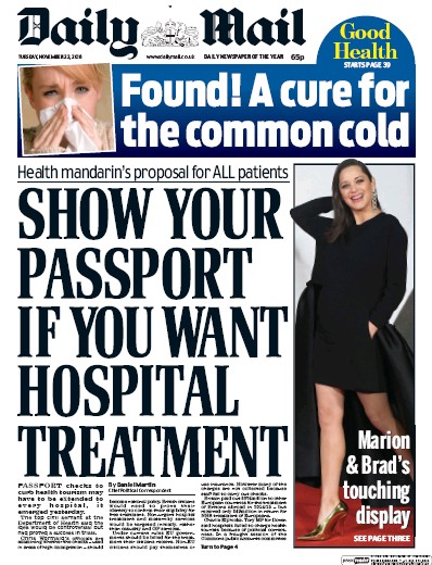 Daily Mail Newspaper Front Page (UK) for 22 November 2016