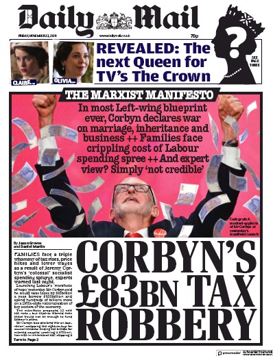 Daily Mail Newspaper Front Page (UK) for 22 November 2019