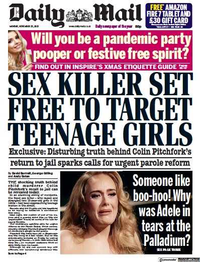 Daily Mail Newspaper Front Page (UK) for 22 November 2021