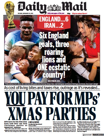 Daily Mail Newspaper Front Page (UK) for 22 November 2022