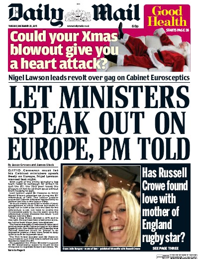 Daily Mail Newspaper Front Page (UK) for 22 December 2015