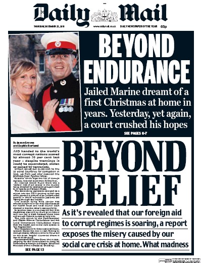 Daily Mail Newspaper Front Page (UK) for 22 December 2016