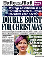 Daily Mail (UK) Newspaper Front Page for 22 December 2021