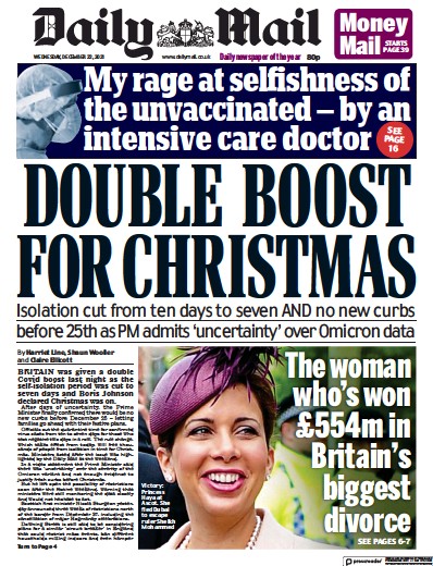 Daily Mail Newspaper Front Page (UK) for 22 December 2021