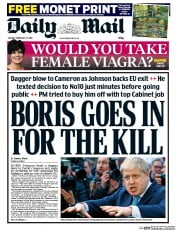 Daily Mail (UK) Newspaper Front Page for 22 February 2016