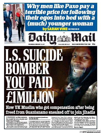 Daily Mail Newspaper Front Page (UK) for 22 February 2017