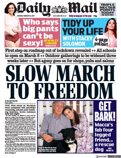 Daily Mail Newspaper Front Page (UK) for 22 February 2021