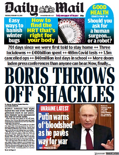 Daily Mail Newspaper Front Page (UK) for 22 February 2022