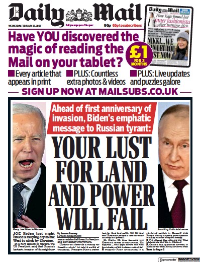 Daily Mail Newspaper Front Page (UK) for 22 February 2023