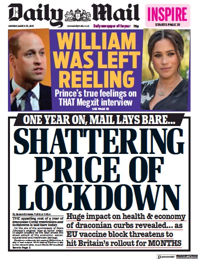 Daily Mail Newspaper Front Page (UK) for 22 March 2021