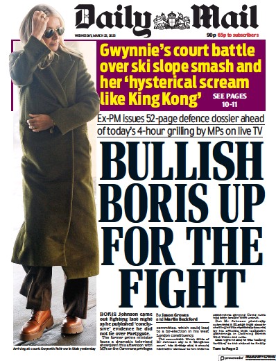 Daily Mail Newspaper Front Page (UK) for 22 March 2023
