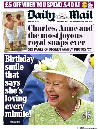 Daily Mail Newspaper Front Page (UK) for 22 April 2016