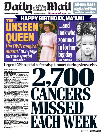 Daily Mail Newspaper Front Page (UK) for 22 April 2020