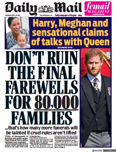 Daily Mail Newspaper Front Page (UK) for 22 April 2021