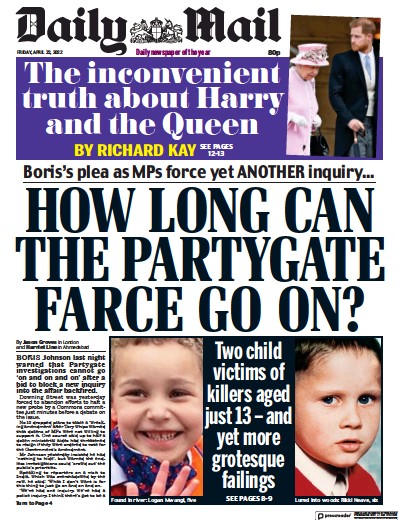 Daily Mail Newspaper Front Page (UK) for 22 April 2022