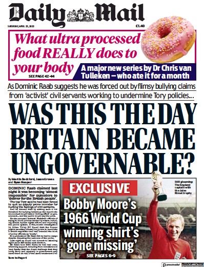 Daily Mail Newspaper Front Page (UK) for 22 April 2023