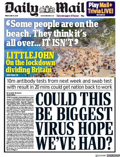 Daily Mail Newspaper Front Page (UK) for 22 May 2020