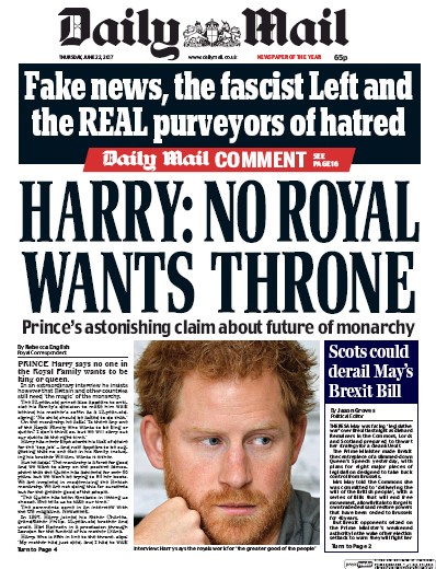Daily Mail Newspaper Front Page (UK) for 22 June 2017