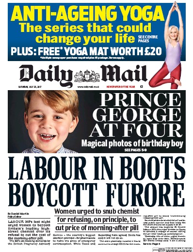 Daily Mail Newspaper Front Page (UK) for 22 July 2017