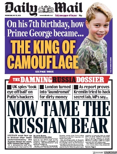 Daily Mail Newspaper Front Page (UK) for 22 July 2020