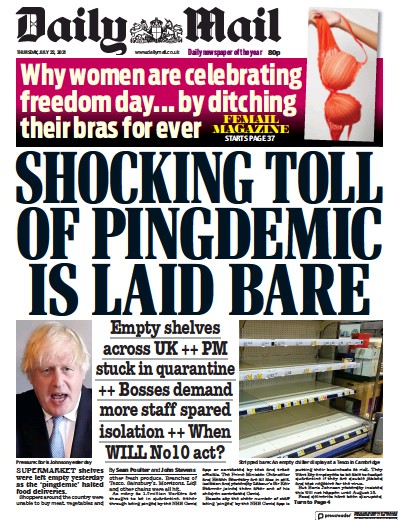 Daily Mail Newspaper Front Page (UK) for 22 July 2021