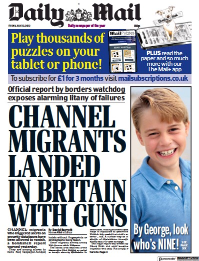 Daily Mail Newspaper Front Page (UK) for 22 July 2022