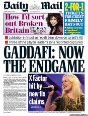 Daily Mail (UK) Newspaper Front Page for 22 August 2011