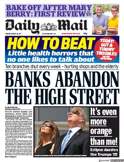 Daily Mail Newspaper Front Page (UK) for 22 August 2017