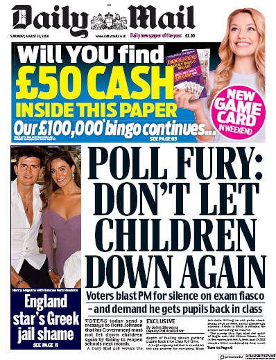 Daily Mail Newspaper Front Page (UK) for 22 August 2020