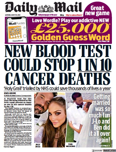 Daily Mail Newspaper Front Page (UK) for 22 August 2022